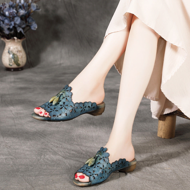 Summer Polished Top Layer Cowhide Low Fish Mouth Sandals