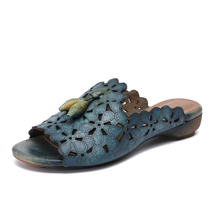 Summer Polished Top Layer Cowhide Low Fish Mouth Sandals