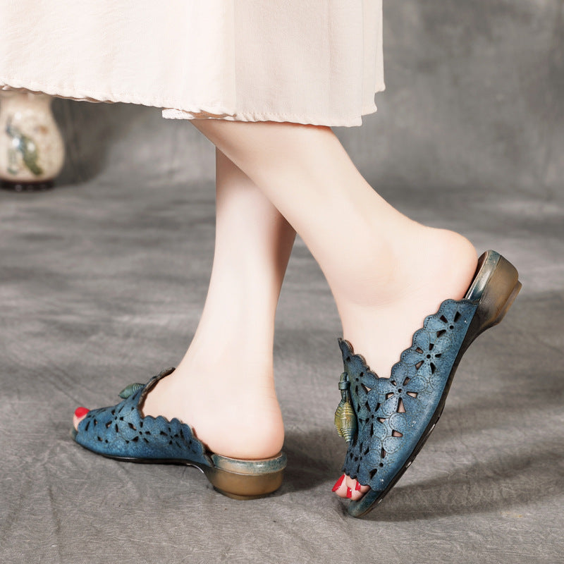 Summer Polished Top Layer Cowhide Low Fish Mouth Sandals