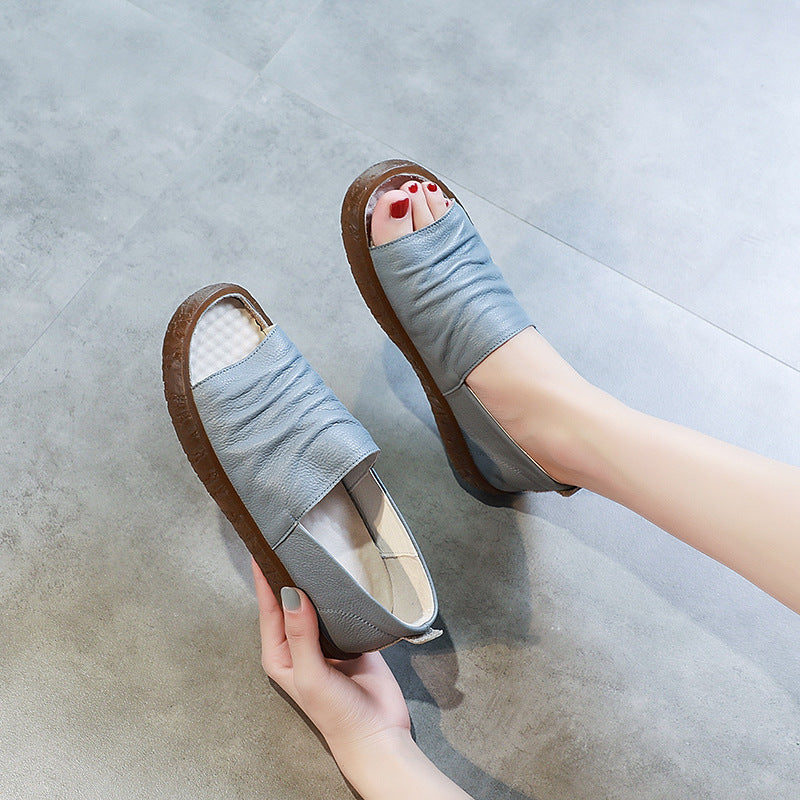Women's Pleated Handmade Peep Toe Mom Preppy Sandals