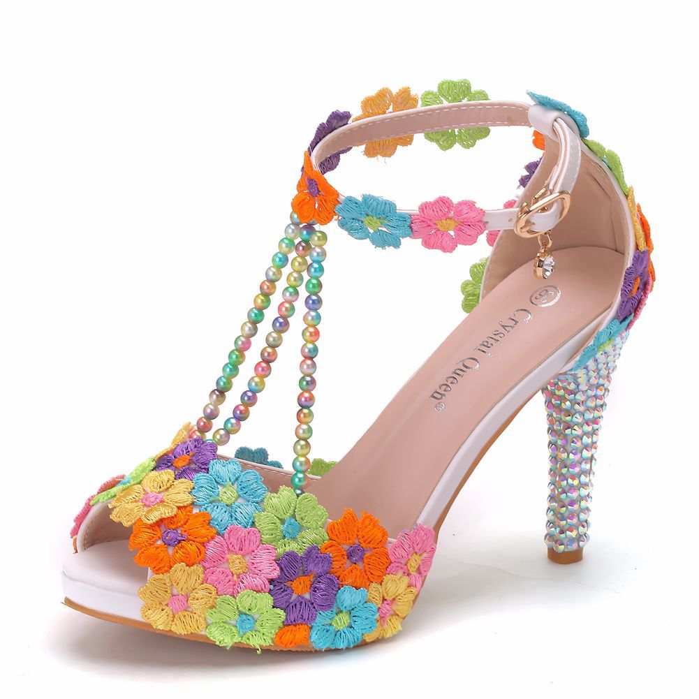 Peep Toe Beaded Rhinestone Platform High Waterproof Stiletto Sandals