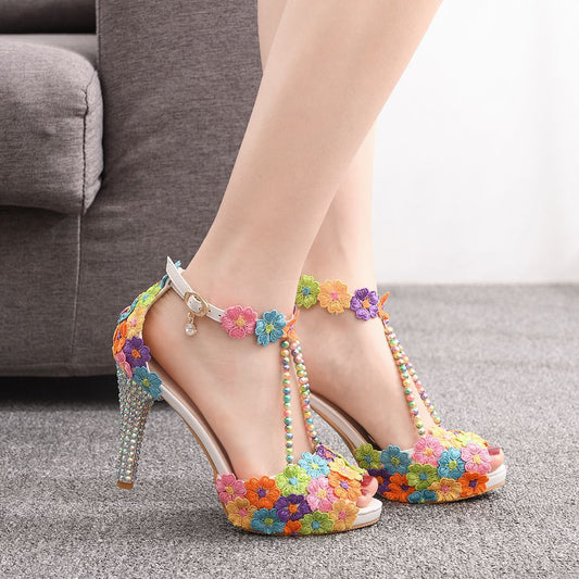 Peep Toe Beaded Rhinestone Platform High Waterproof Stiletto Sandals