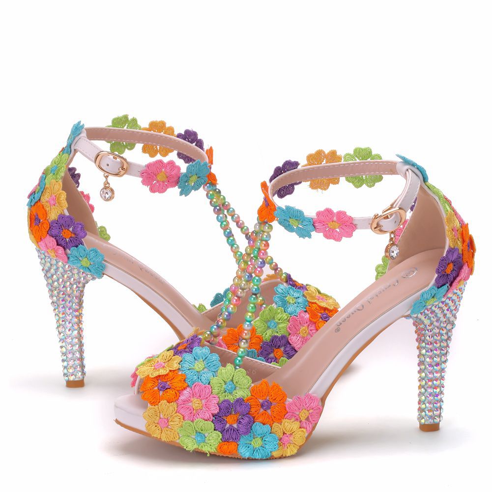 Peep Toe Beaded Rhinestone Platform High Waterproof Stiletto Sandals