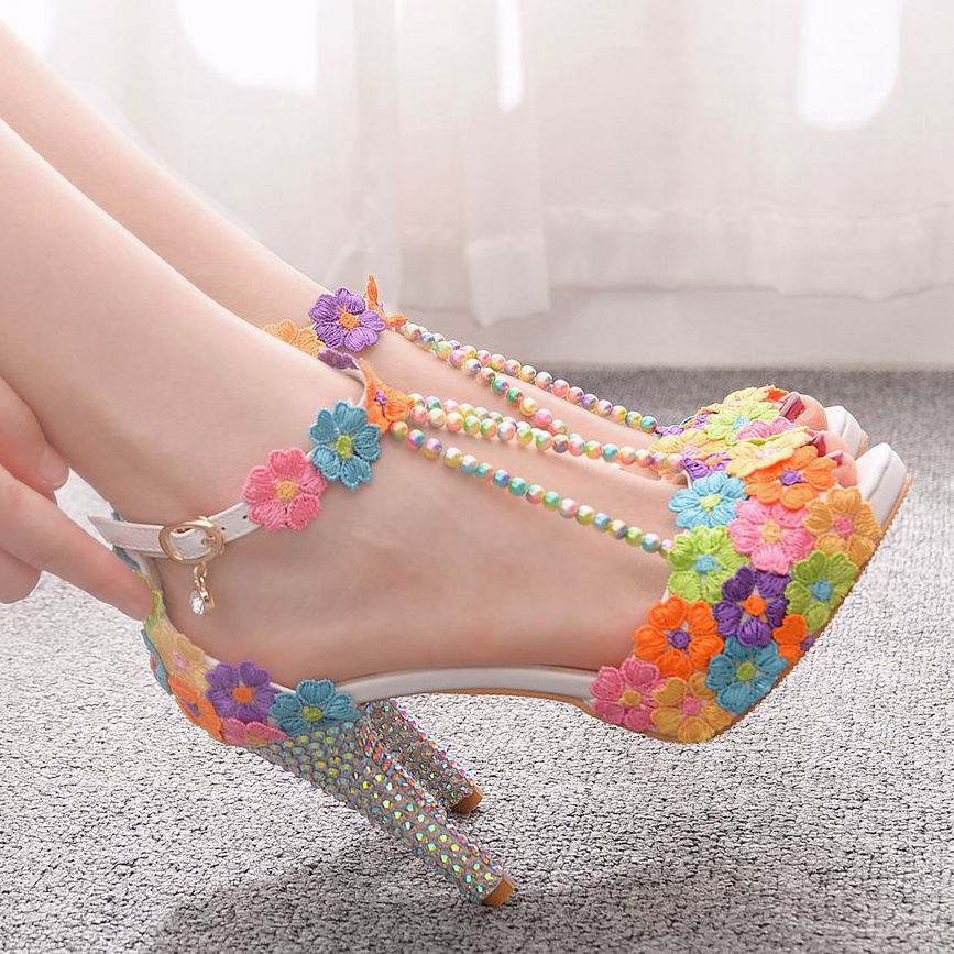Peep Toe Beaded Rhinestone Platform High Waterproof Stiletto Sandals