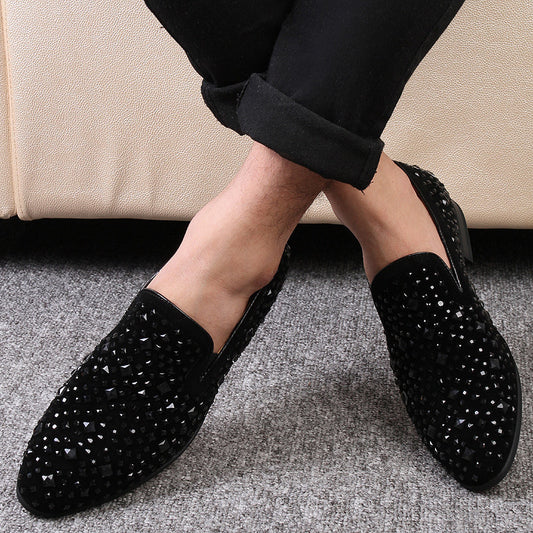 Men's Pointed Toe Rhinestone Sequined Slip-on Business Leather Shoes