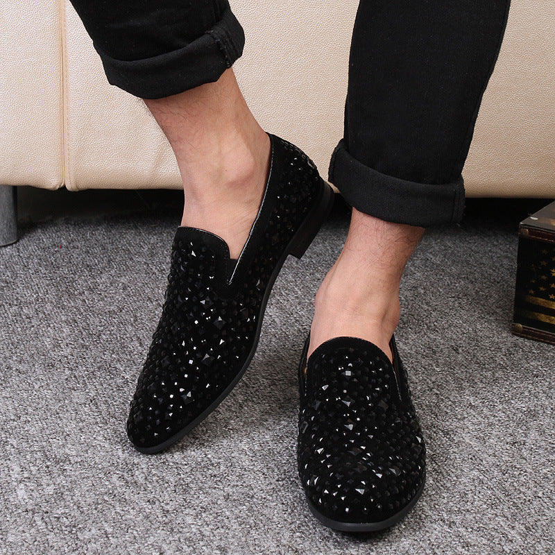 Men's Pointed Toe Rhinestone Sequined Slip-on Business Leather Shoes