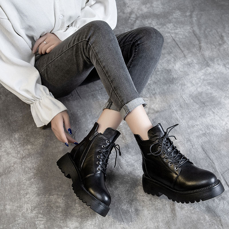 Women's Cowhide Winter Fleece-lined Side Zipper Martin Boots
