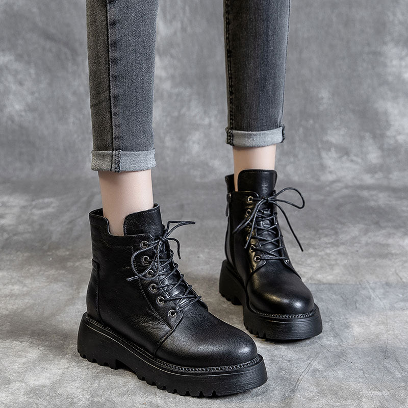 Women's Cowhide Winter Fleece-lined Side Zipper Martin Boots