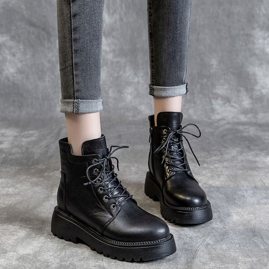 Women's Cowhide Winter Fleece-lined Side Zipper Martin Boots