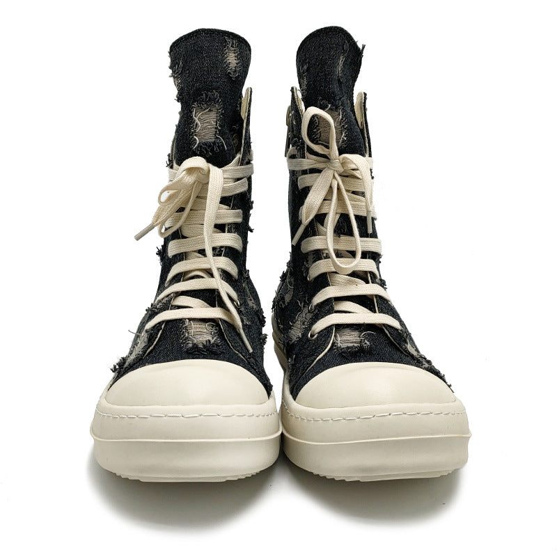 Women's & Men's Spring Ripped Denim Black White Milk Canvas Shoes