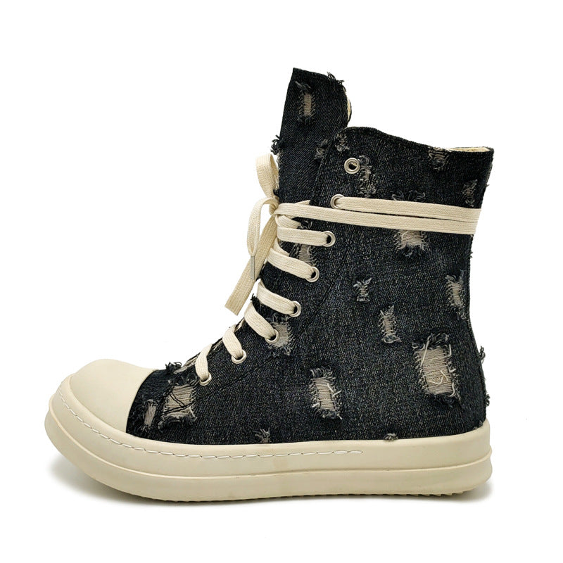 Women's & Men's Spring Ripped Denim Black White Milk Canvas Shoes