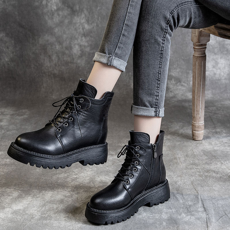Women's Cowhide Winter Fleece-lined Side Zipper Martin Boots