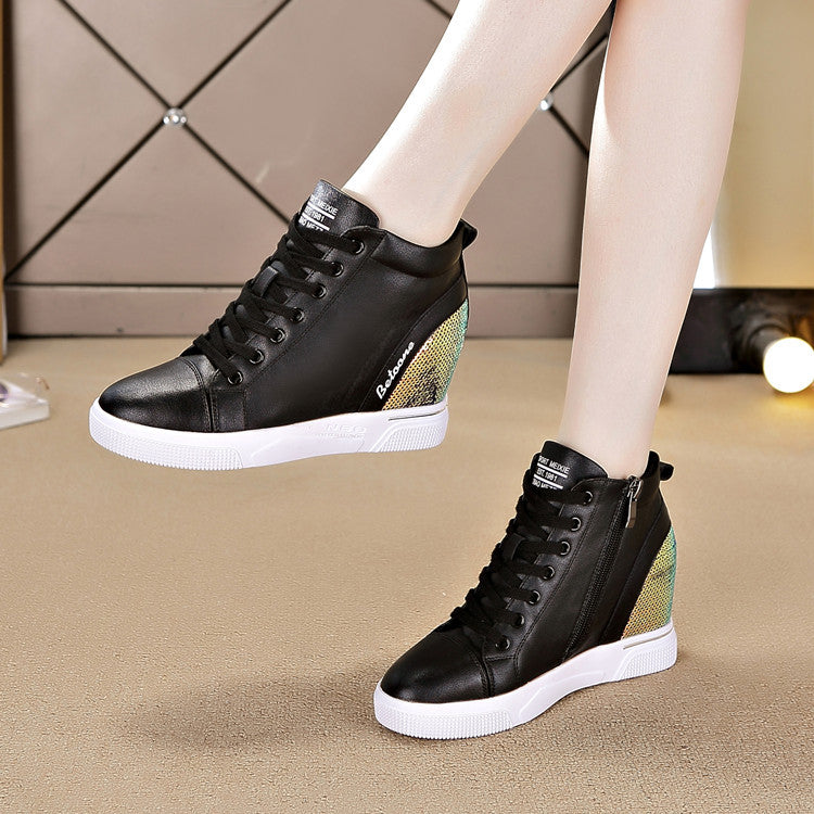 Women's Height Increasing Insole Korean Style Zip White Wedge Casual Shoes
