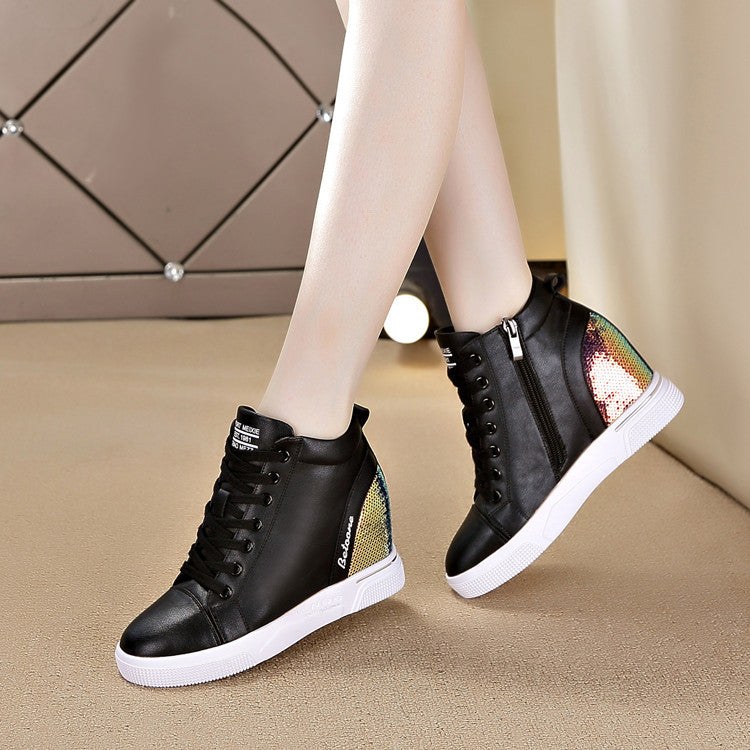 Women's Height Increasing Insole Korean Style Zip White Wedge Casual Shoes
