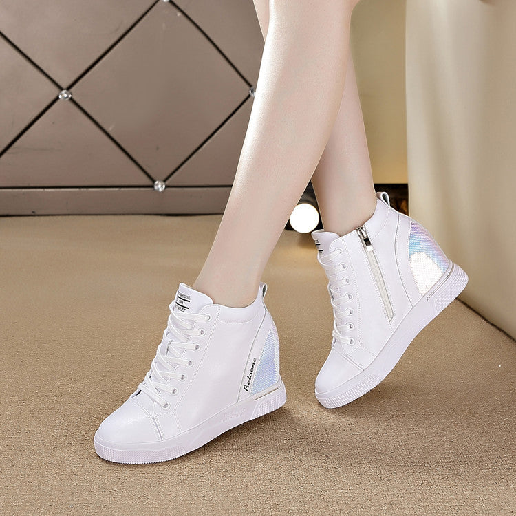 Women's Height Increasing Insole Korean Style Zip White Wedge Casual Shoes