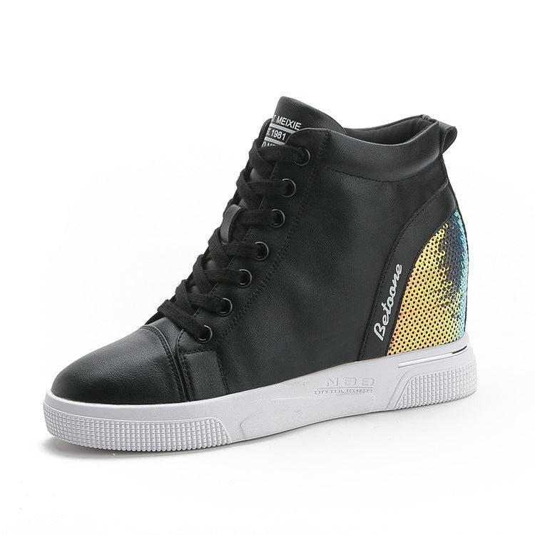Women's Height Increasing Insole Korean Style Zip White Wedge Casual Shoes