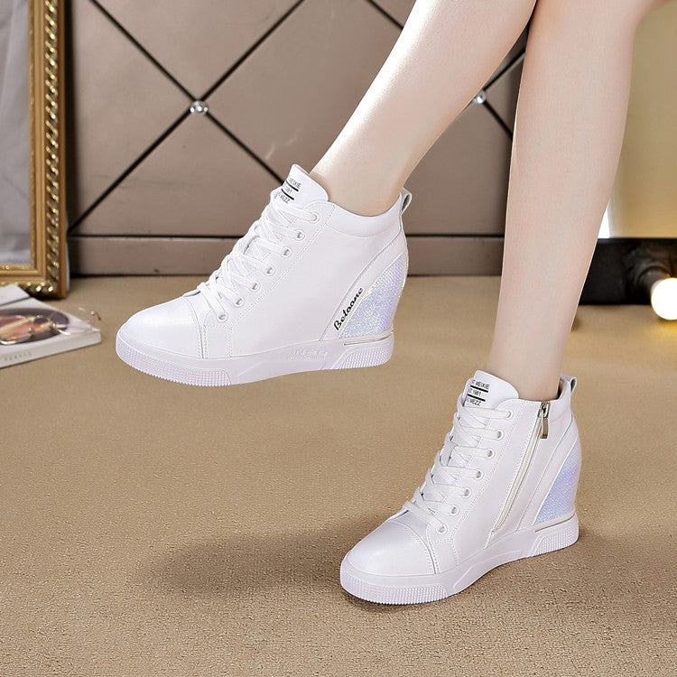 Women's Height Increasing Insole Korean Style Zip White Wedge Casual Shoes