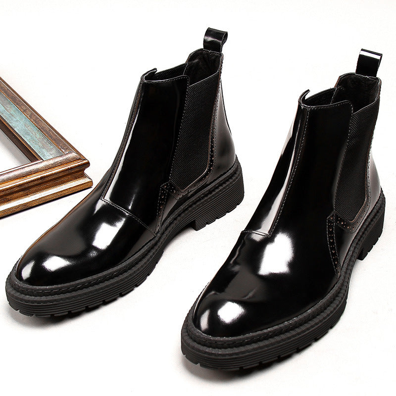 Men's Bottom Elastic Sleeve Patent Martin Mid Top Boots