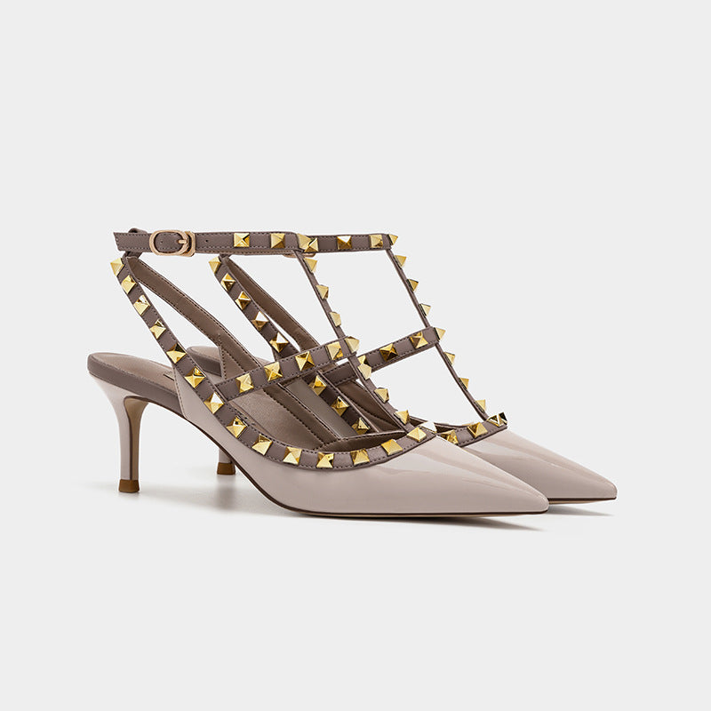 Women's Rivet Pointed Toe High-heeled Stiletto Lace Up For Outer Women's Shoes