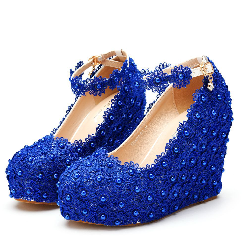 Women's Lace Wedding Wedge Buckle Waterproof Platform Heels