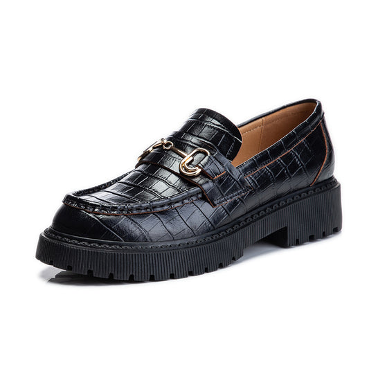 Women's Genuine Spring Chunky Fashion Pumps Platform Leather Shoes