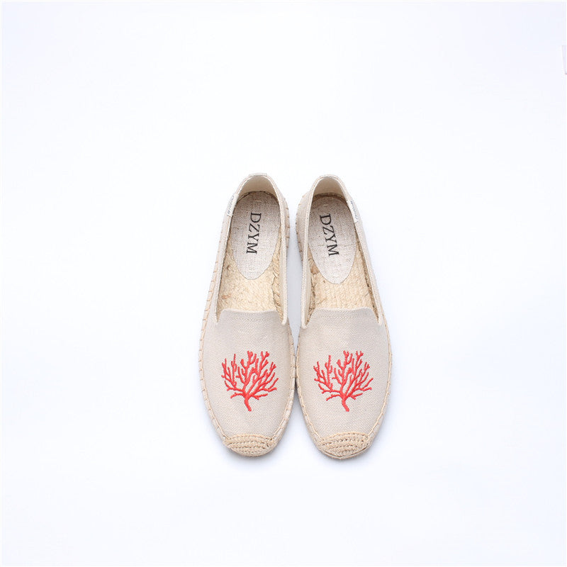 Women's Closed Toe Embroidered Flat Fisherman Fashion Canvas Shoes