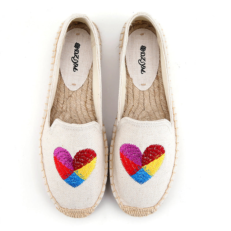 Women's Linen Stitching Flower Fisherman Breathable Straw Canvas Shoes