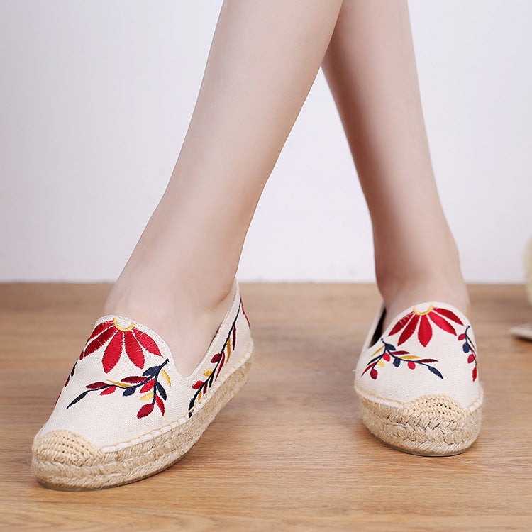 Women's Linen Stitching Flower Fisherman Breathable Straw Canvas Shoes