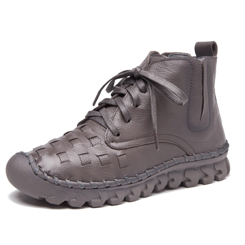 Women's Autumn Round Head Genuine Woven Flat Boots
