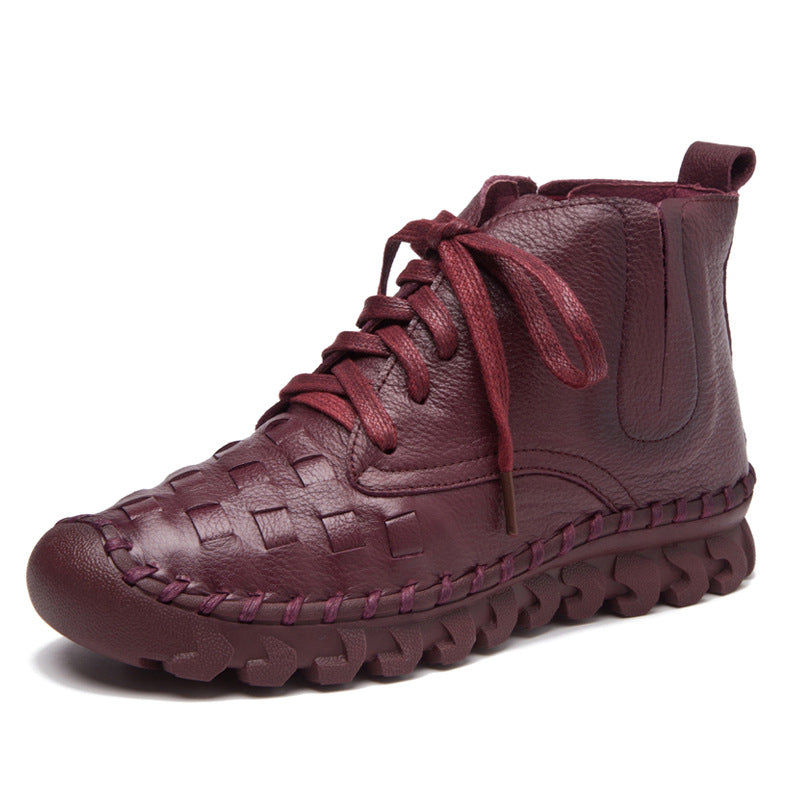 Women's Autumn Round Head Genuine Woven Flat Boots