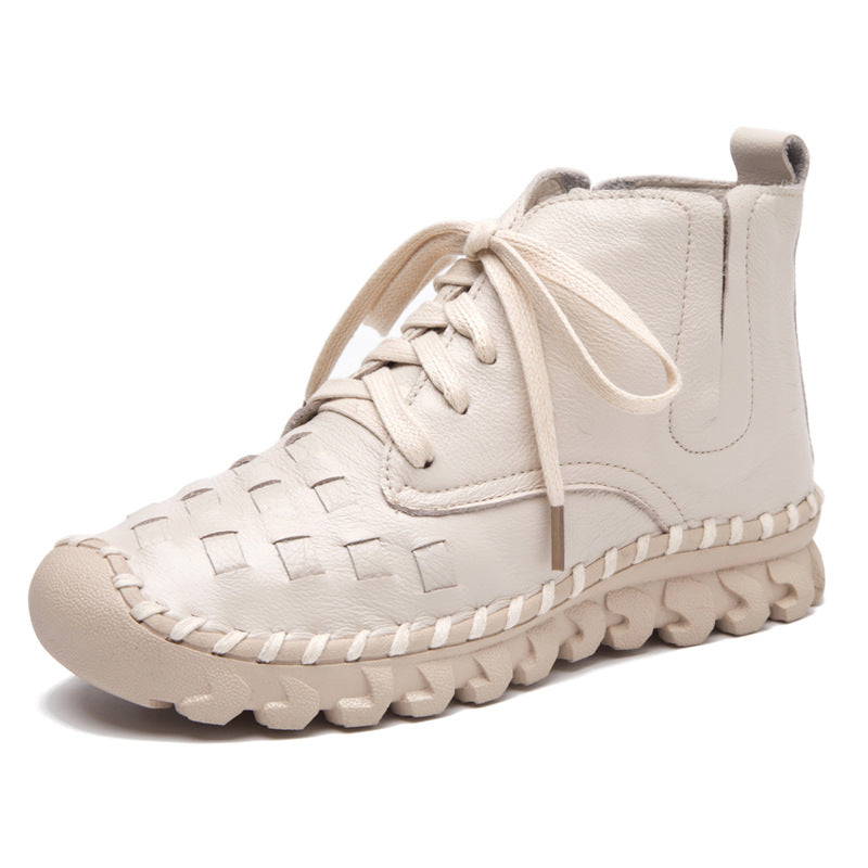 Women's Autumn Round Head Genuine Woven Flat Boots