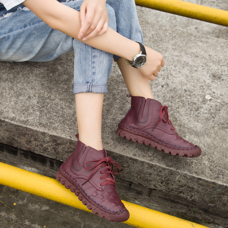 Women's Autumn Round Head Genuine Woven Flat Boots