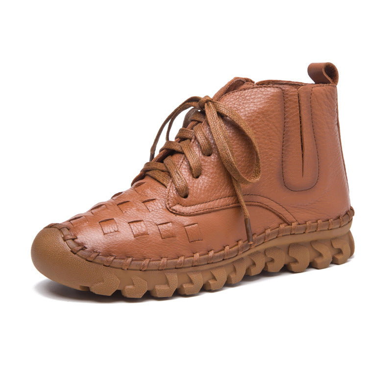 Women's Autumn Round Head Genuine Woven Flat Boots