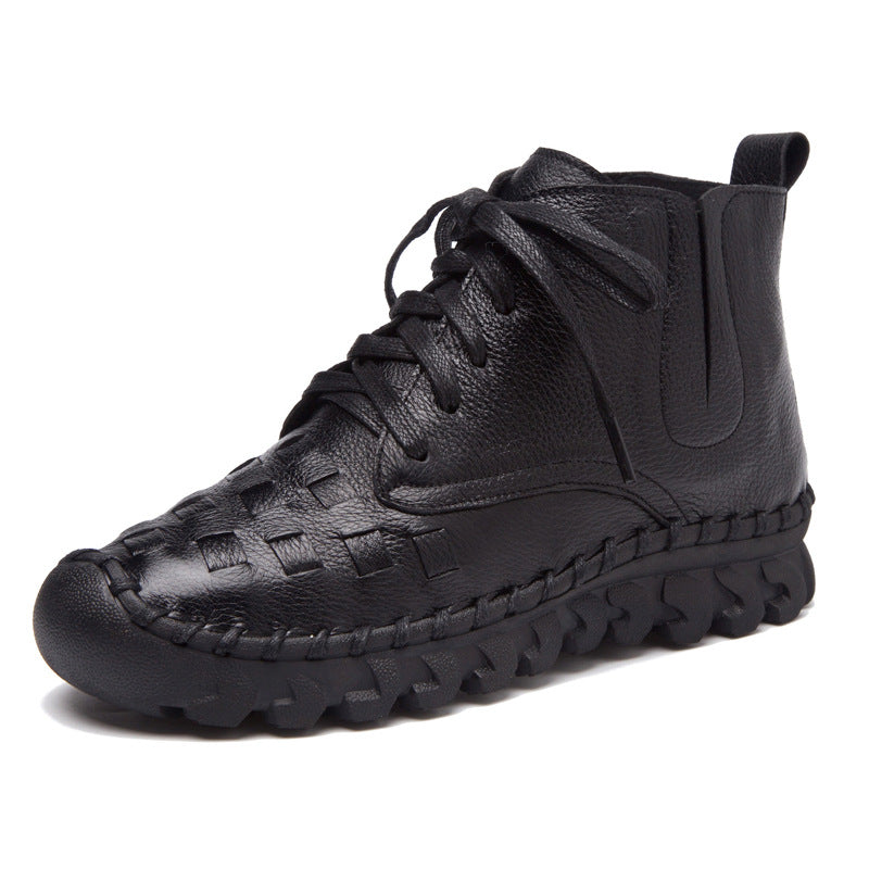 Women's Autumn Round Head Genuine Woven Flat Boots