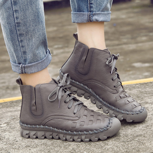 Women's Autumn Round Head Genuine Woven Flat Boots