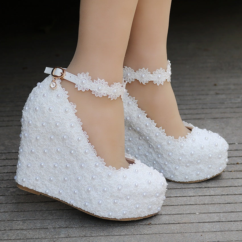 Women's Lace Wedding Wedge Buckle Waterproof Platform Heels