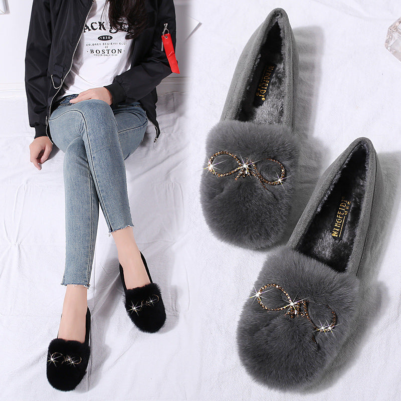 Women's Autumn Shallow Mouth Rex Rabbit Fur Sweet Plus Size Casual Shoes