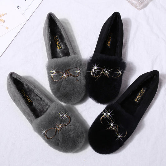 Women's Autumn Shallow Mouth Rex Rabbit Fur Sweet Plus Size Casual Shoes