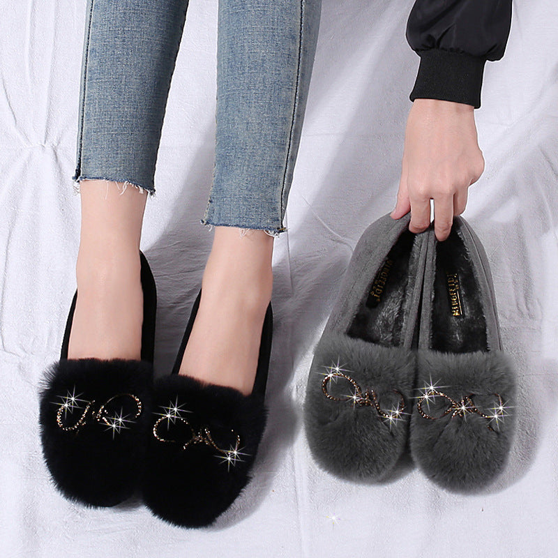 Women's Autumn Shallow Mouth Rex Rabbit Fur Sweet Plus Size Casual Shoes