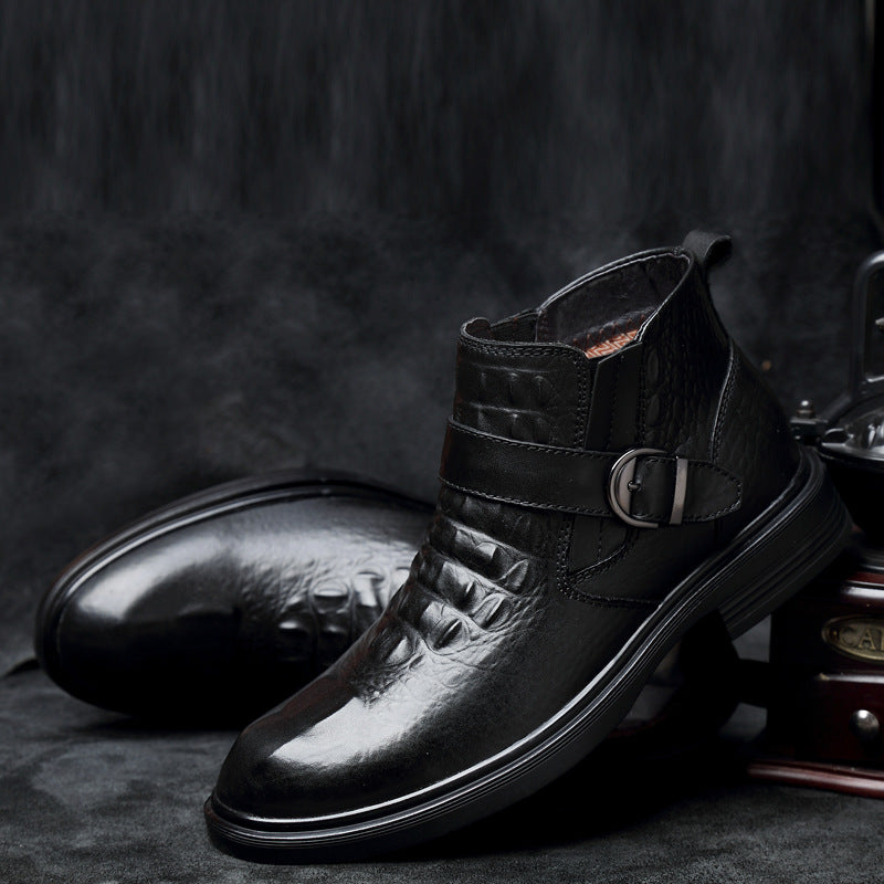 Men's Cowhide Plus Size Pointed Toe Chunky Boots