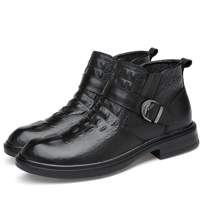 Men's Cowhide Plus Size Pointed Toe Chunky Boots