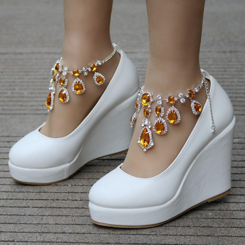 Women's Wedge Large Size Rhinestone Chain Wedding Casual Shoes
