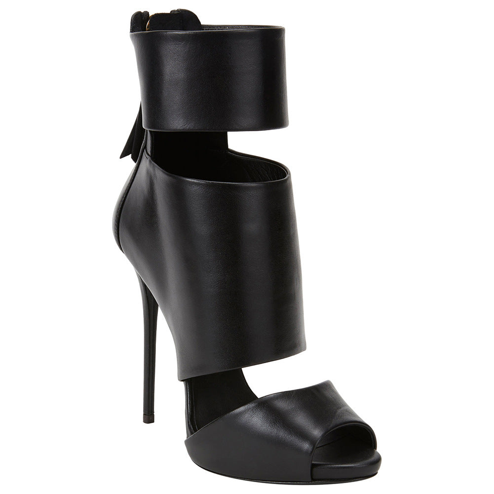 Women's & Men's Black Peep Toe Super High Ankle Boots