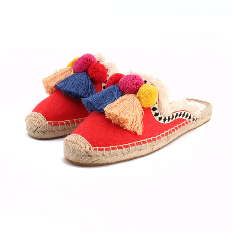 Women's Fluffy Flat Linen Half Hairy Ball Closed Sandals