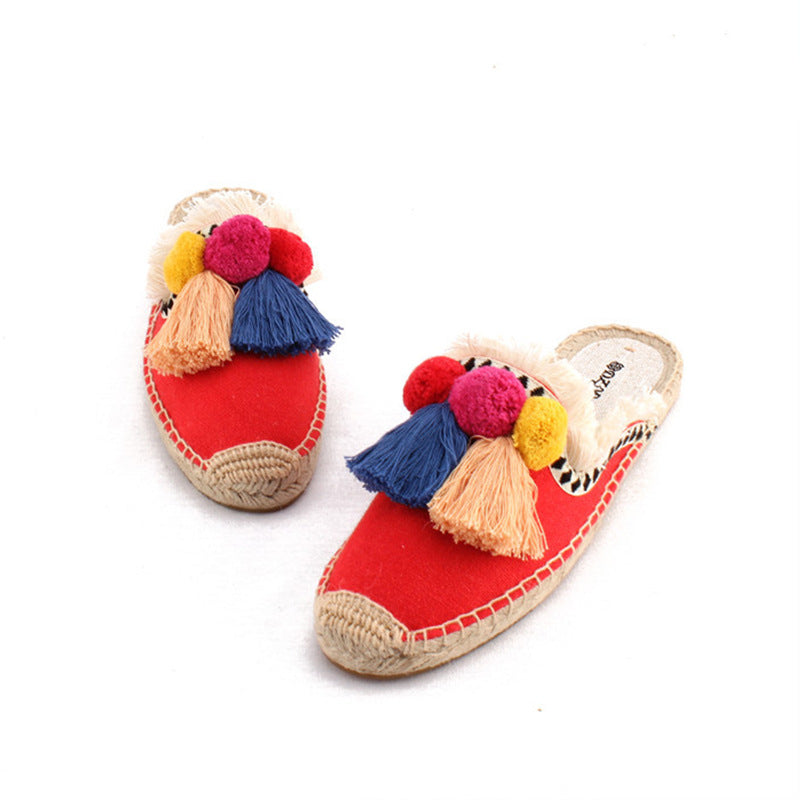 Women's Fluffy Flat Linen Half Hairy Ball Closed Sandals