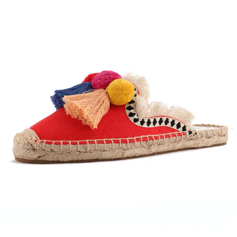 Women's Fluffy Flat Linen Half Hairy Ball Closed Sandals