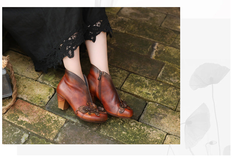 Women's First Layer Cowhide Flower High Chunky Boots