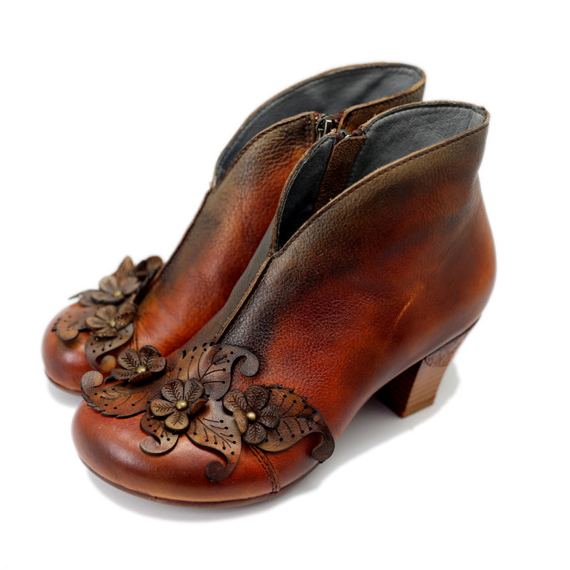 Women's First Layer Cowhide Flower High Chunky Boots