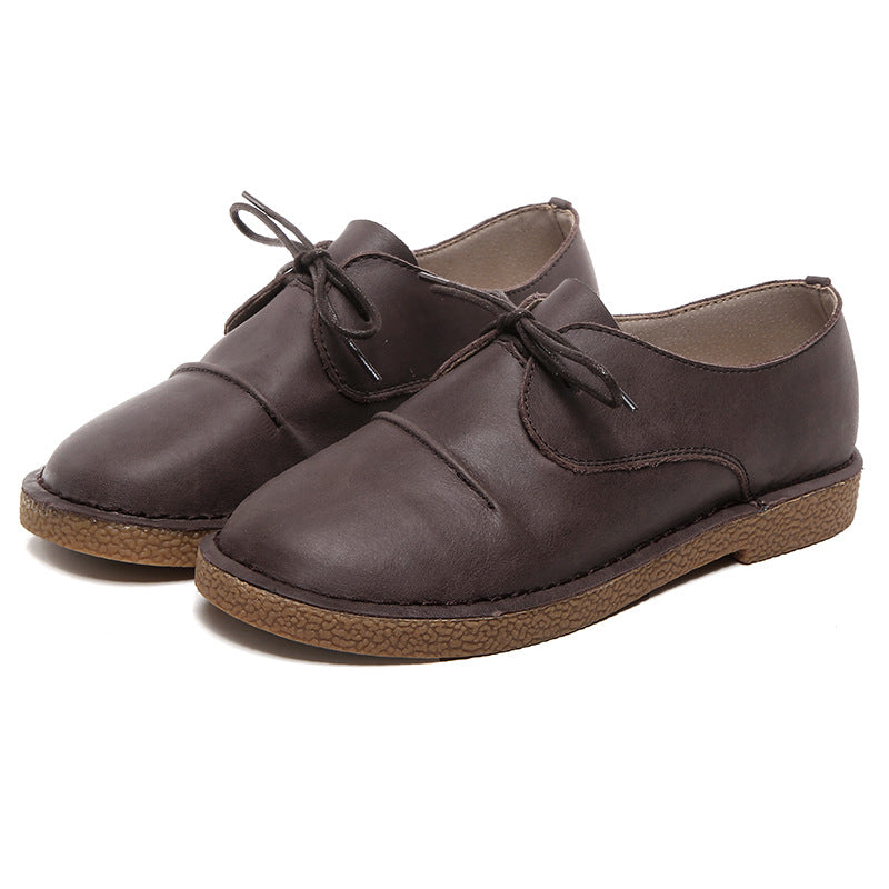 Women's Flat Round Head Hand Stitching Genuine Casual Shoes