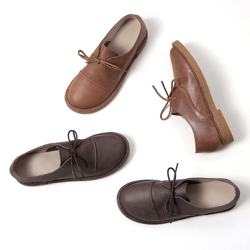Women's Flat Round Head Hand Stitching Genuine Casual Shoes